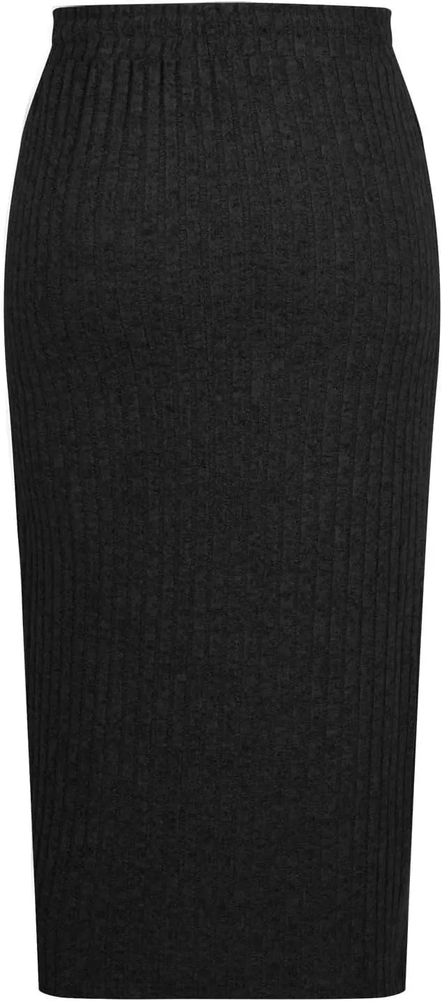 Long Midi Skirts for Women Dressy Casual Drawstring Elastic High Waisted Ribbed Knit Sweater Skirt with Pockets