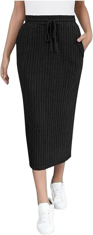 Long Midi Skirts for Women Dressy Casual Drawstring Elastic High Waisted Ribbed Knit Sweater Skirt with Pockets