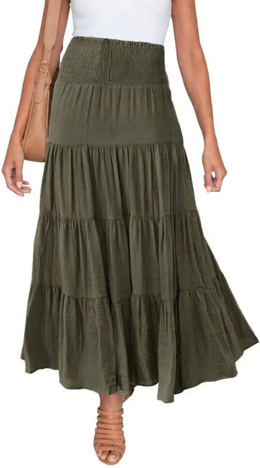 Long Skirts for Women Summer 2025 Casual Boho High Waisted Casual A Line Skirt Pleated Beach Flowy Swing Maxi Skirt