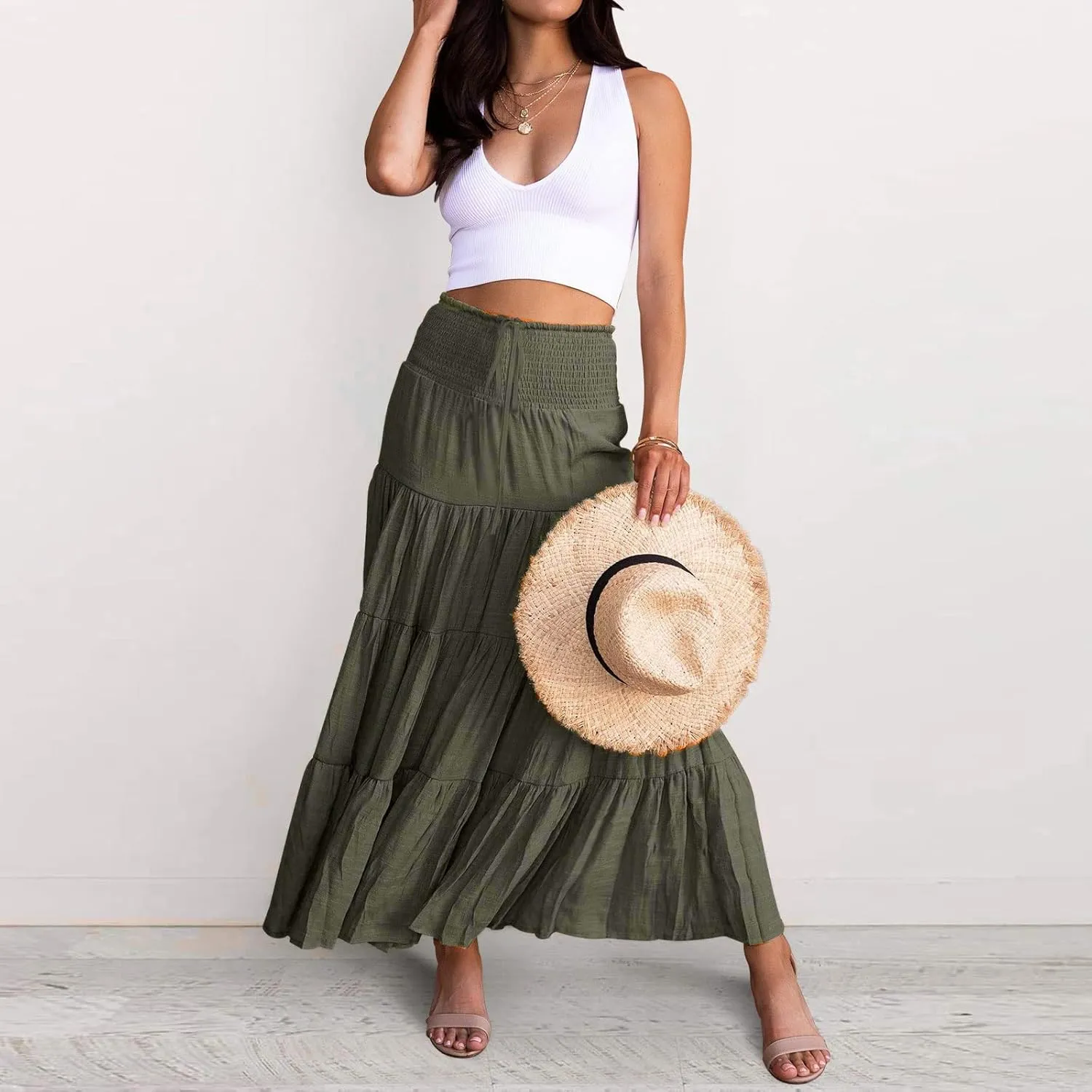 Long Skirts for Women Summer 2025 Casual Boho High Waisted Casual A Line Skirt Pleated Beach Flowy Swing Maxi Skirt