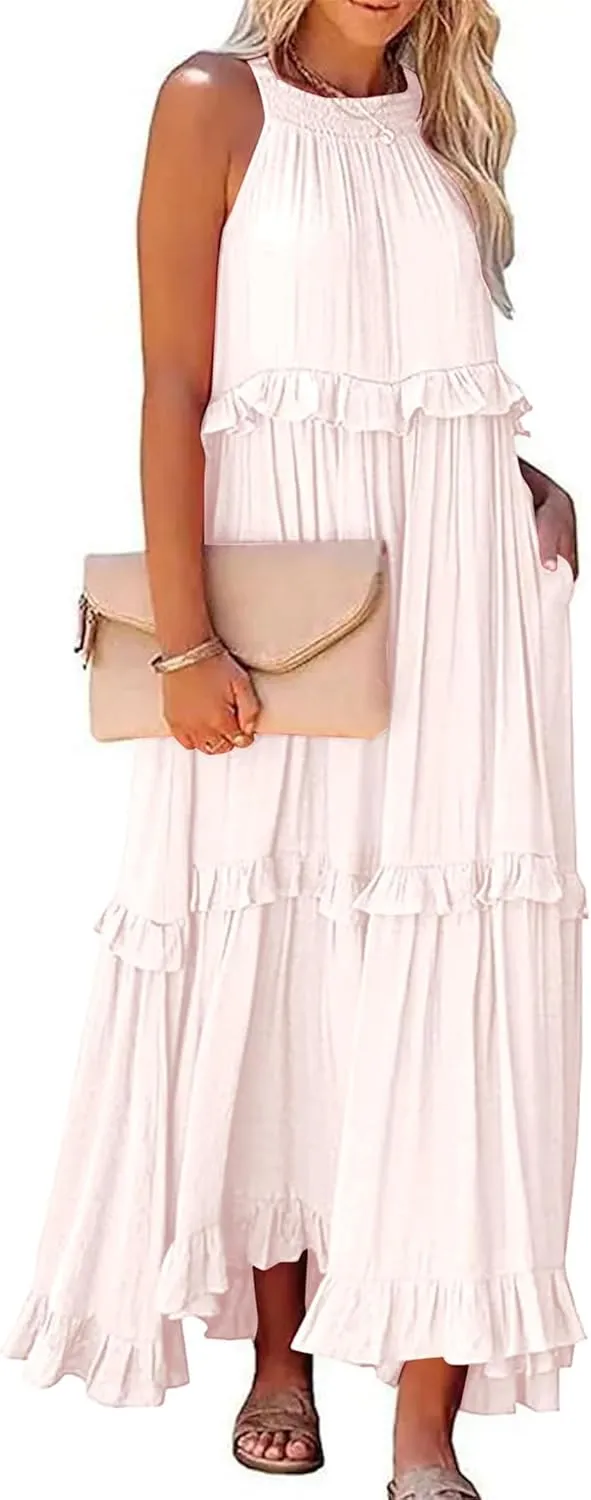 Long Summer Dresses for Women 2024 Sleeveless Halter Maxi Dress Casual Flowy Ruffle Sundress Elegant Beach Party Dress