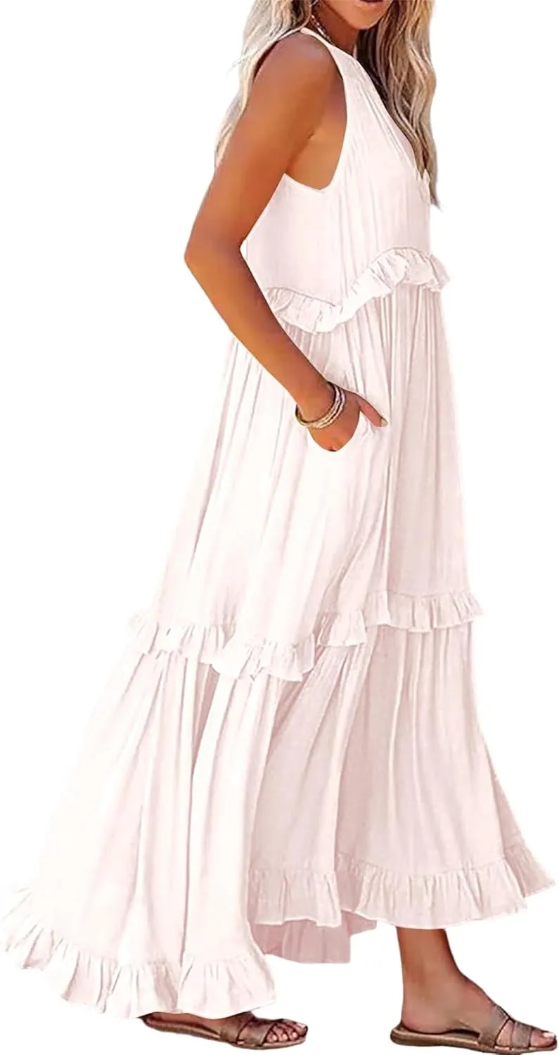 Long Summer Dresses for Women 2024 Sleeveless Halter Maxi Dress Casual Flowy Ruffle Sundress Elegant Beach Party Dress
