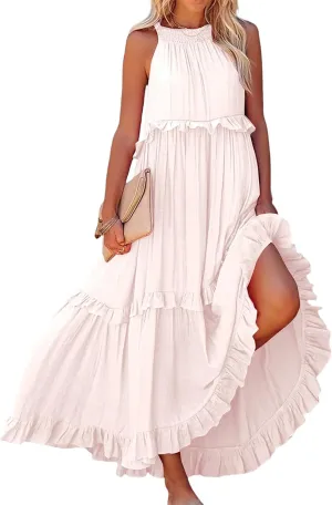 Long Summer Dresses for Women 2024 Sleeveless Halter Maxi Dress Casual Flowy Ruffle Sundress Elegant Beach Party Dress