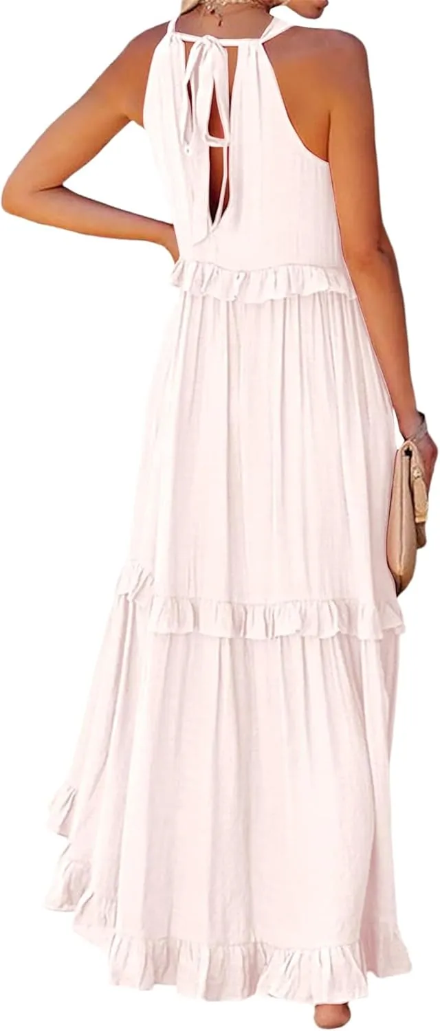 Long Summer Dresses for Women 2024 Sleeveless Halter Maxi Dress Casual Flowy Ruffle Sundress Elegant Beach Party Dress