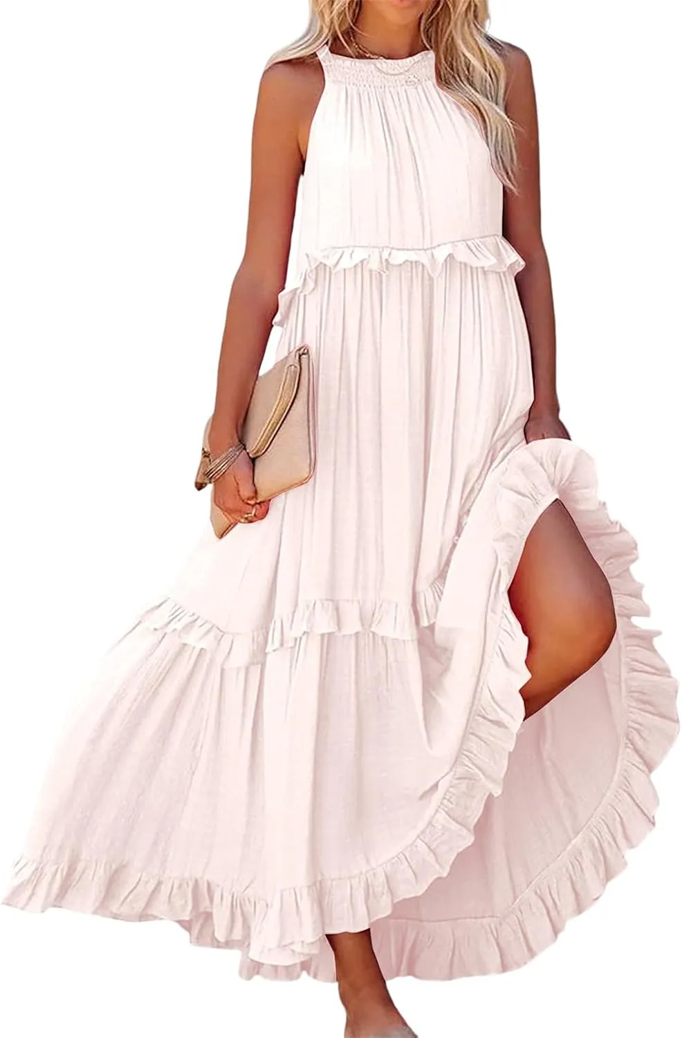 Long Summer Dresses for Women 2024 Sleeveless Halter Maxi Dress Casual Flowy Ruffle Sundress Elegant Beach Party Dress