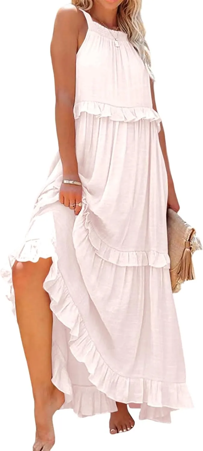 Long Summer Dresses for Women 2024 Sleeveless Halter Maxi Dress Casual Flowy Ruffle Sundress Elegant Beach Party Dress
