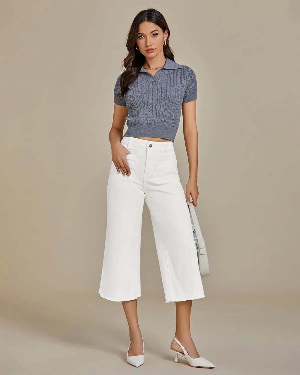 luvamia Capris Jeans for Women Wide Leg High Waisted Trendy Raw Hem Patch Pocket Cropped Stretchy Denim Capri Pants