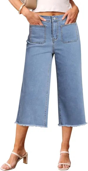 luvamia Capris Jeans for Women Wide Leg High Waisted Trendy Raw Hem Patch Pocket Cropped Stretchy Denim Capri Pants