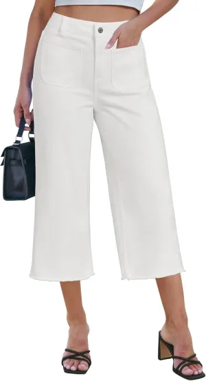 luvamia Capris Jeans for Women Wide Leg High Waisted Trendy Raw Hem Patch Pocket Cropped Stretchy Denim Capri Pants