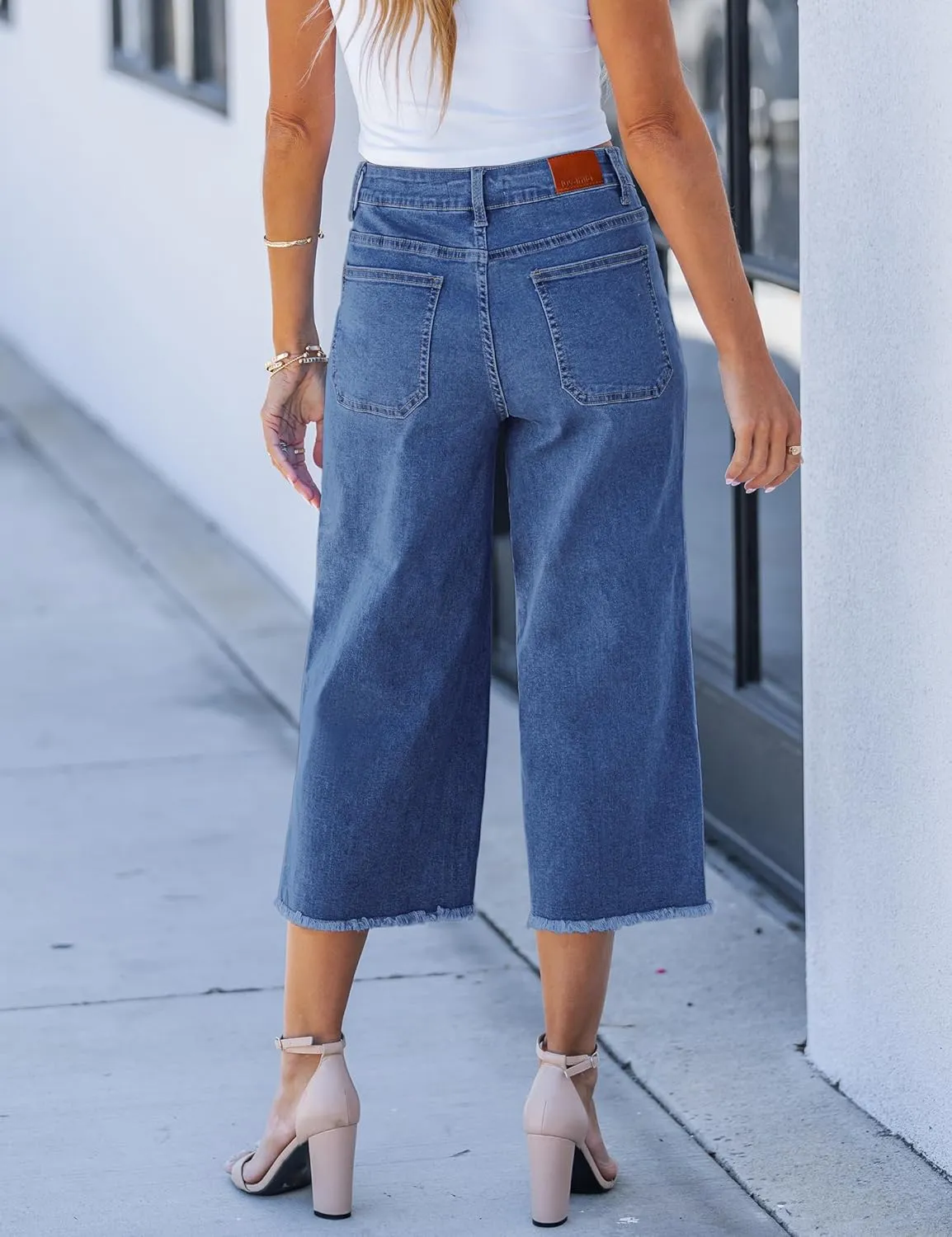 luvamia Capris Jeans for Women Wide Leg High Waisted Trendy Raw Hem Patch Pocket Cropped Stretchy Denim Capri Pants