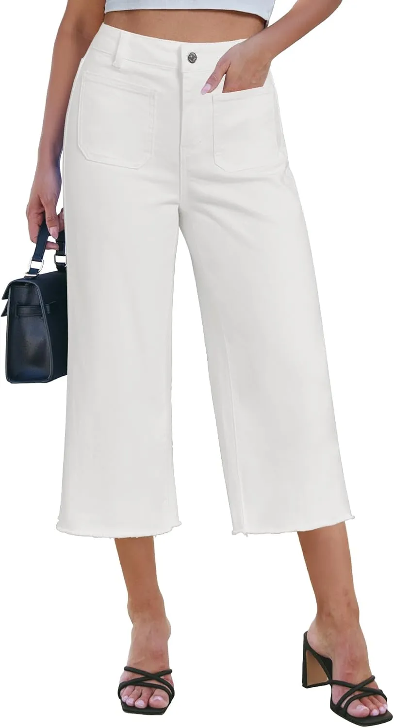 luvamia Capris Jeans for Women Wide Leg High Waisted Trendy Raw Hem Patch Pocket Cropped Stretchy Denim Capri Pants
