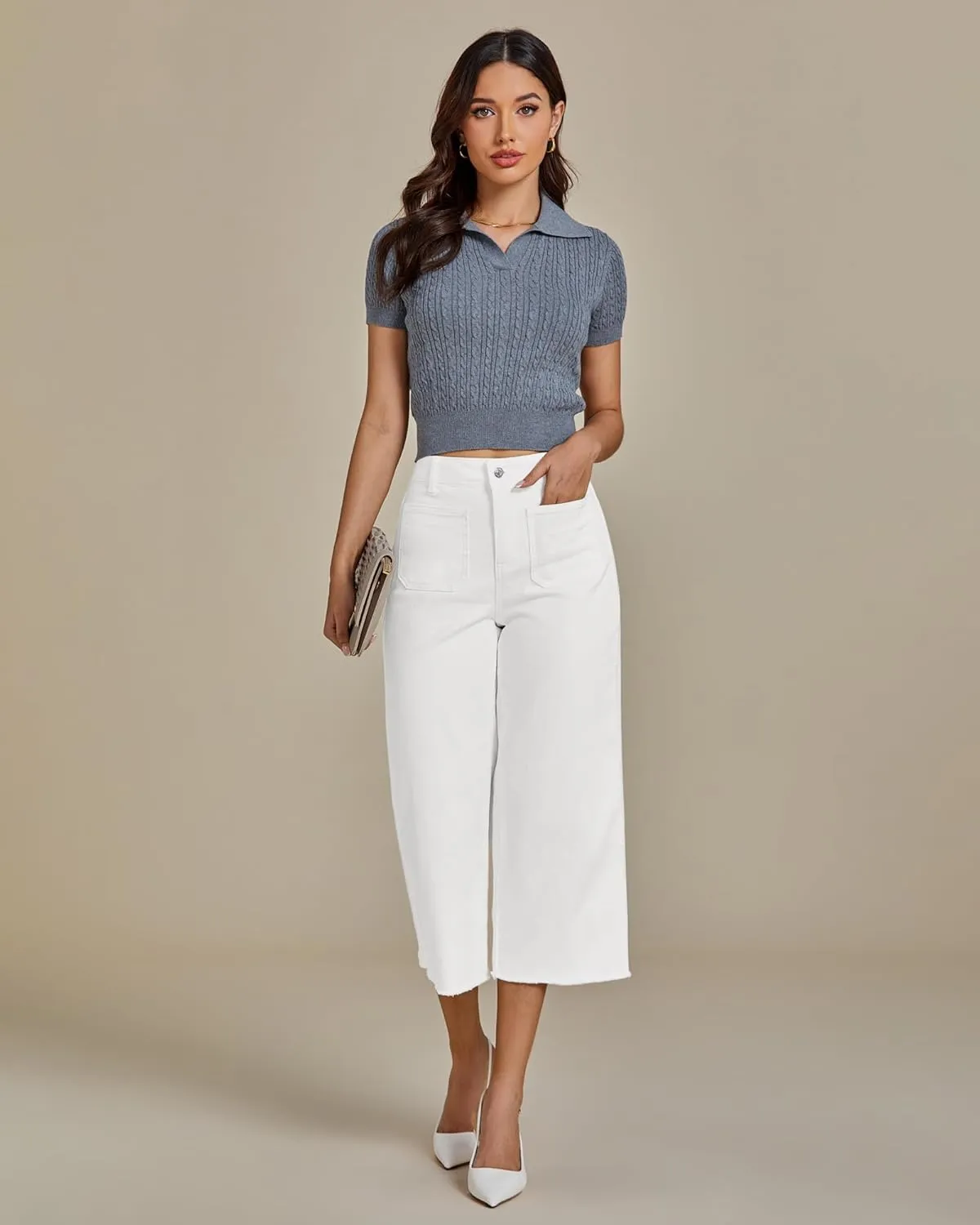 luvamia Capris Jeans for Women Wide Leg High Waisted Trendy Raw Hem Patch Pocket Cropped Stretchy Denim Capri Pants