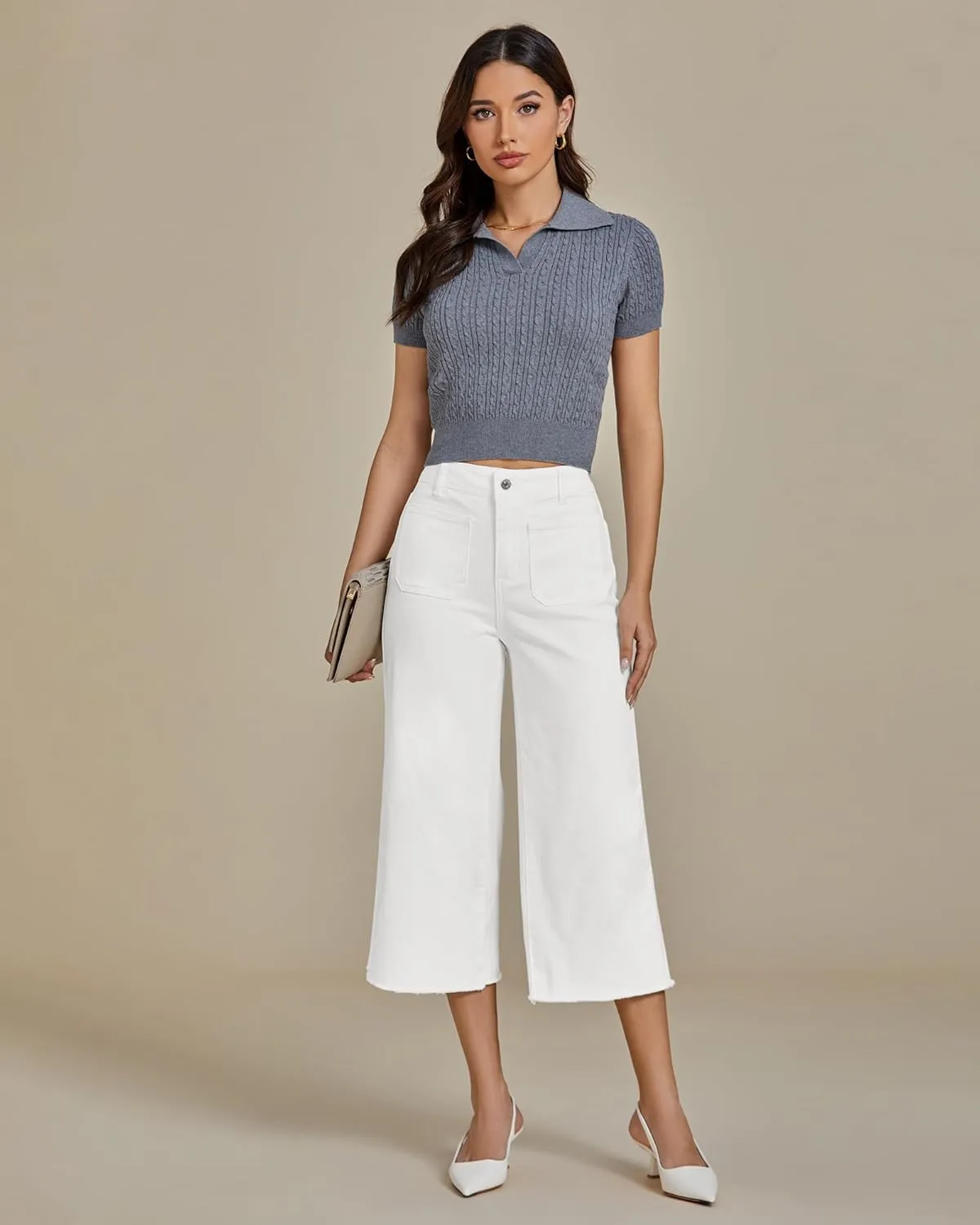 luvamia Capris Jeans for Women Wide Leg High Waisted Trendy Raw Hem Patch Pocket Cropped Stretchy Denim Capri Pants