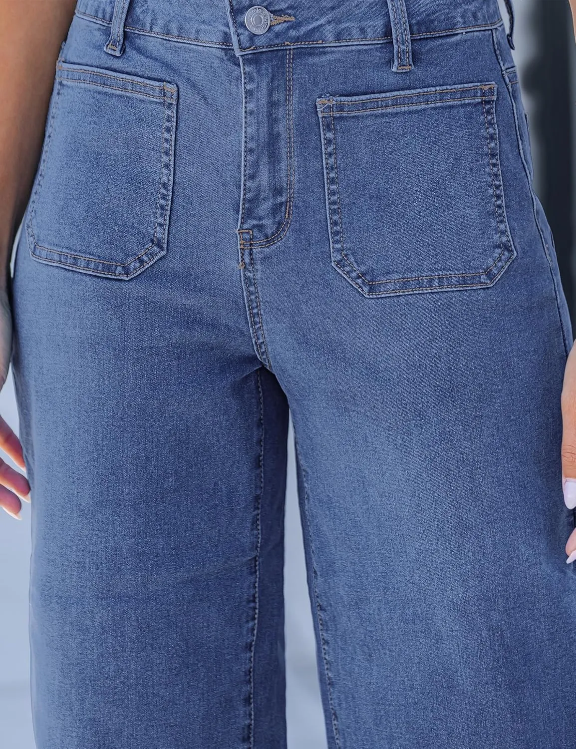 luvamia Capris Jeans for Women Wide Leg High Waisted Trendy Raw Hem Patch Pocket Cropped Stretchy Denim Capri Pants