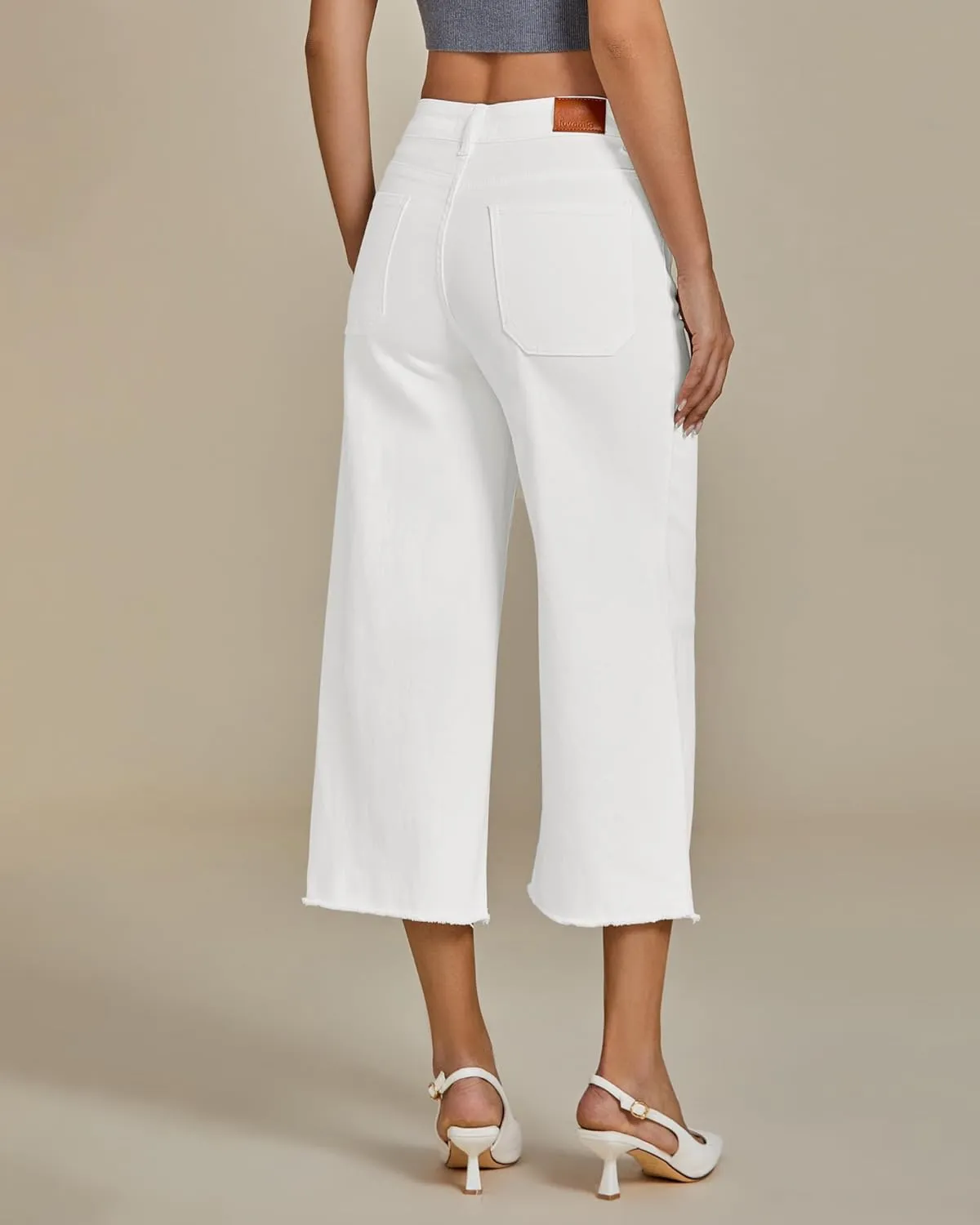 luvamia Capris Jeans for Women Wide Leg High Waisted Trendy Raw Hem Patch Pocket Cropped Stretchy Denim Capri Pants