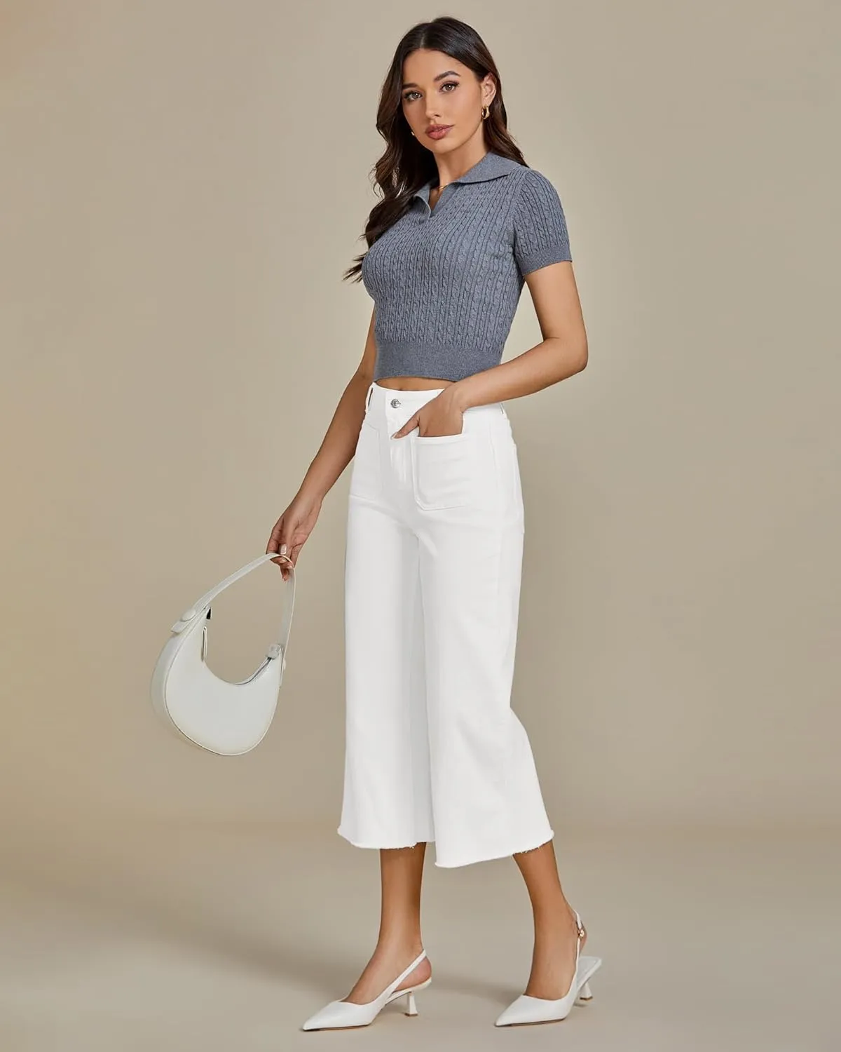 luvamia Capris Jeans for Women Wide Leg High Waisted Trendy Raw Hem Patch Pocket Cropped Stretchy Denim Capri Pants