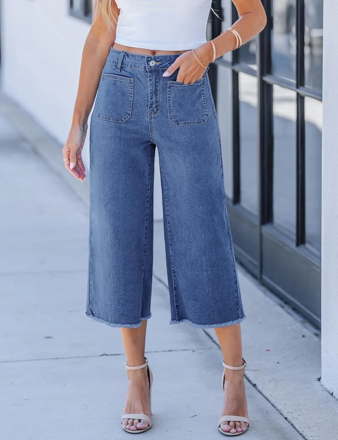 luvamia Capris Jeans for Women Wide Leg High Waisted Trendy Raw Hem Patch Pocket Cropped Stretchy Denim Capri Pants