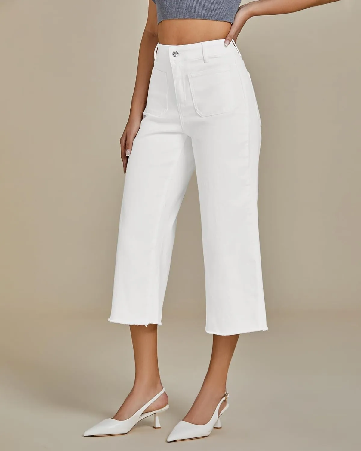 luvamia Capris Jeans for Women Wide Leg High Waisted Trendy Raw Hem Patch Pocket Cropped Stretchy Denim Capri Pants