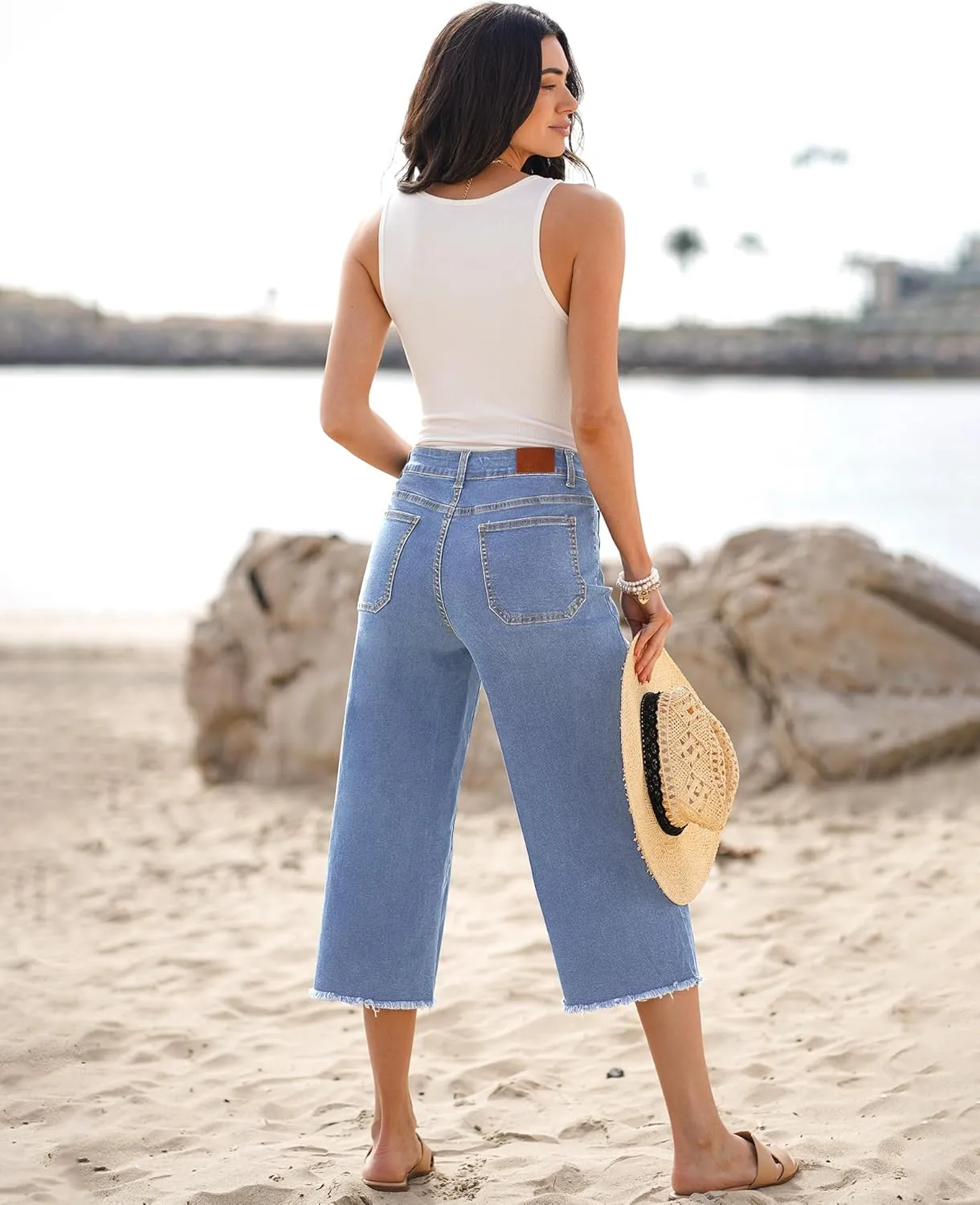 luvamia Capris Jeans for Women Wide Leg High Waisted Trendy Raw Hem Patch Pocket Cropped Stretchy Denim Capri Pants