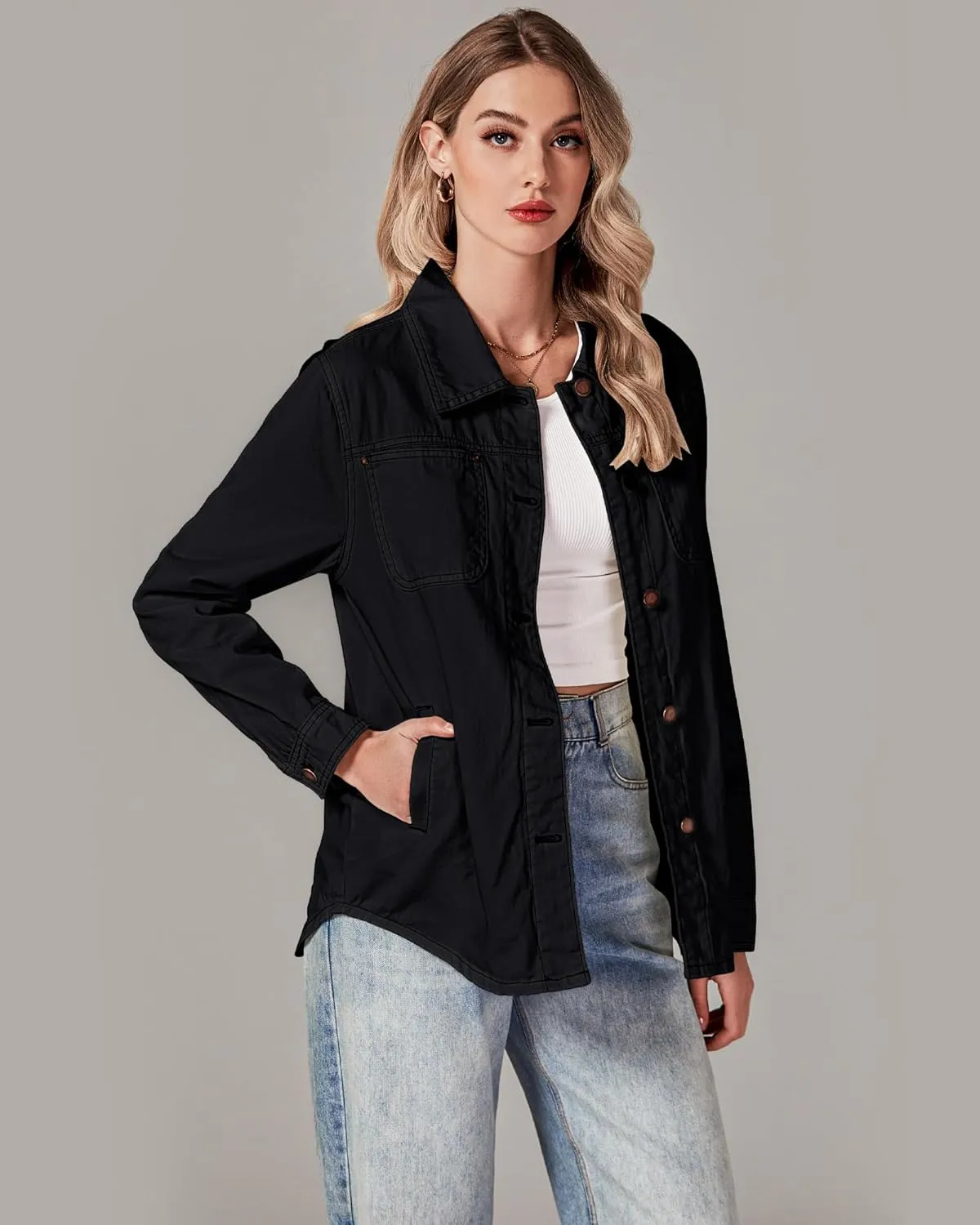 luvamia Denim Jackets for Women Trendy Long Sleeve Button Down Shirt Jacket Jean Shacket with Pocket Western Work Jacket