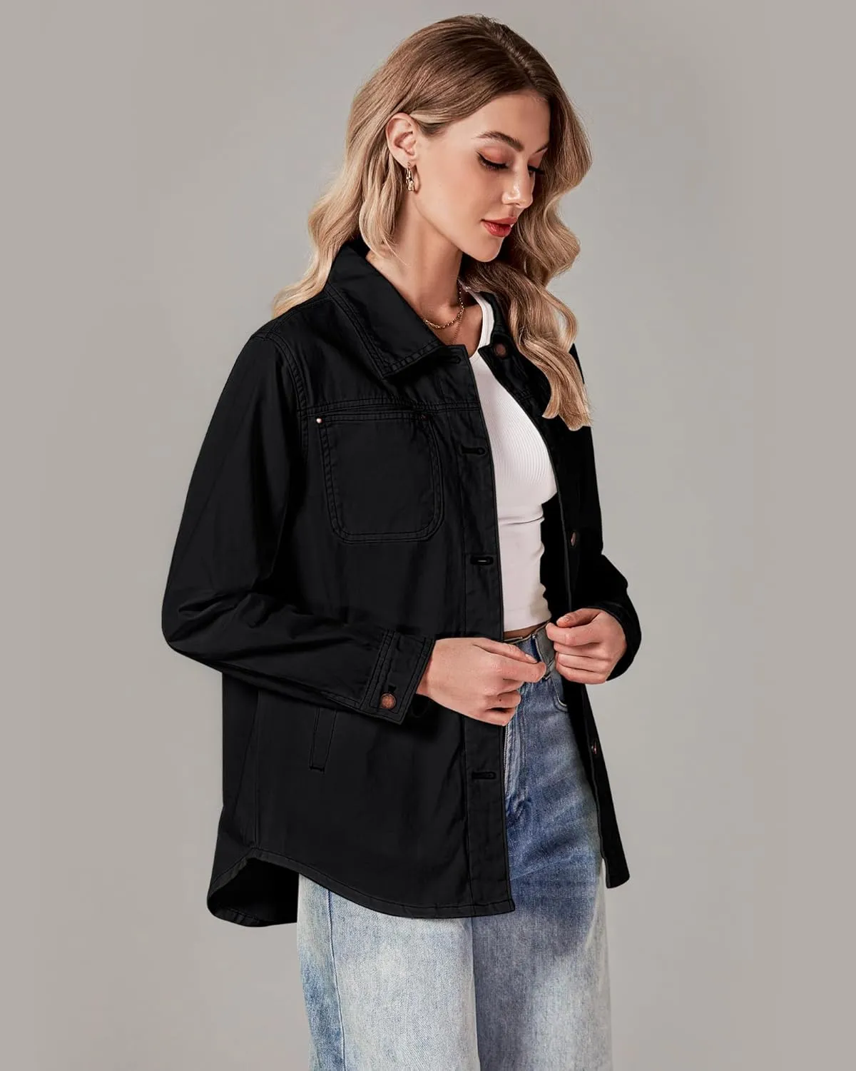 luvamia Denim Jackets for Women Trendy Long Sleeve Button Down Shirt Jacket Jean Shacket with Pocket Western Work Jacket