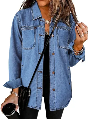 luvamia Denim Jackets for Women Trendy Long Sleeve Button Down Shirt Jacket Jean Shacket with Pocket Western Work Jacket