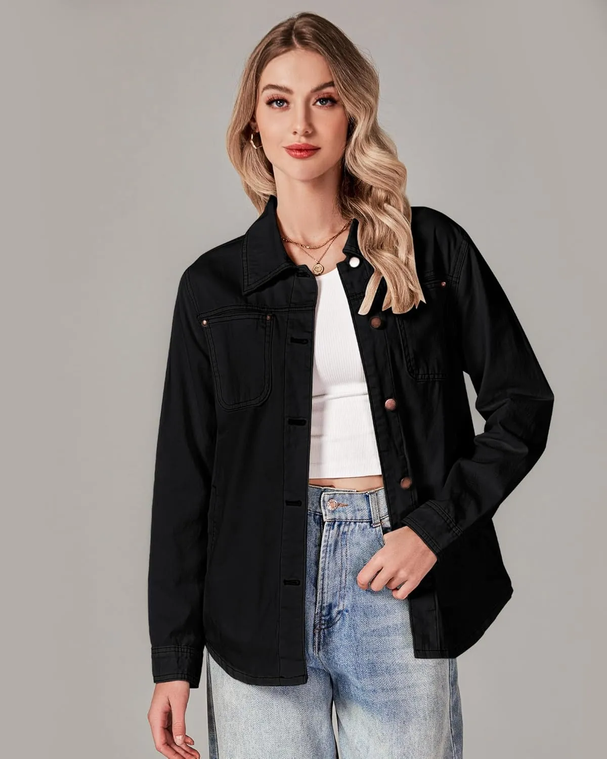 luvamia Denim Jackets for Women Trendy Long Sleeve Button Down Shirt Jacket Jean Shacket with Pocket Western Work Jacket