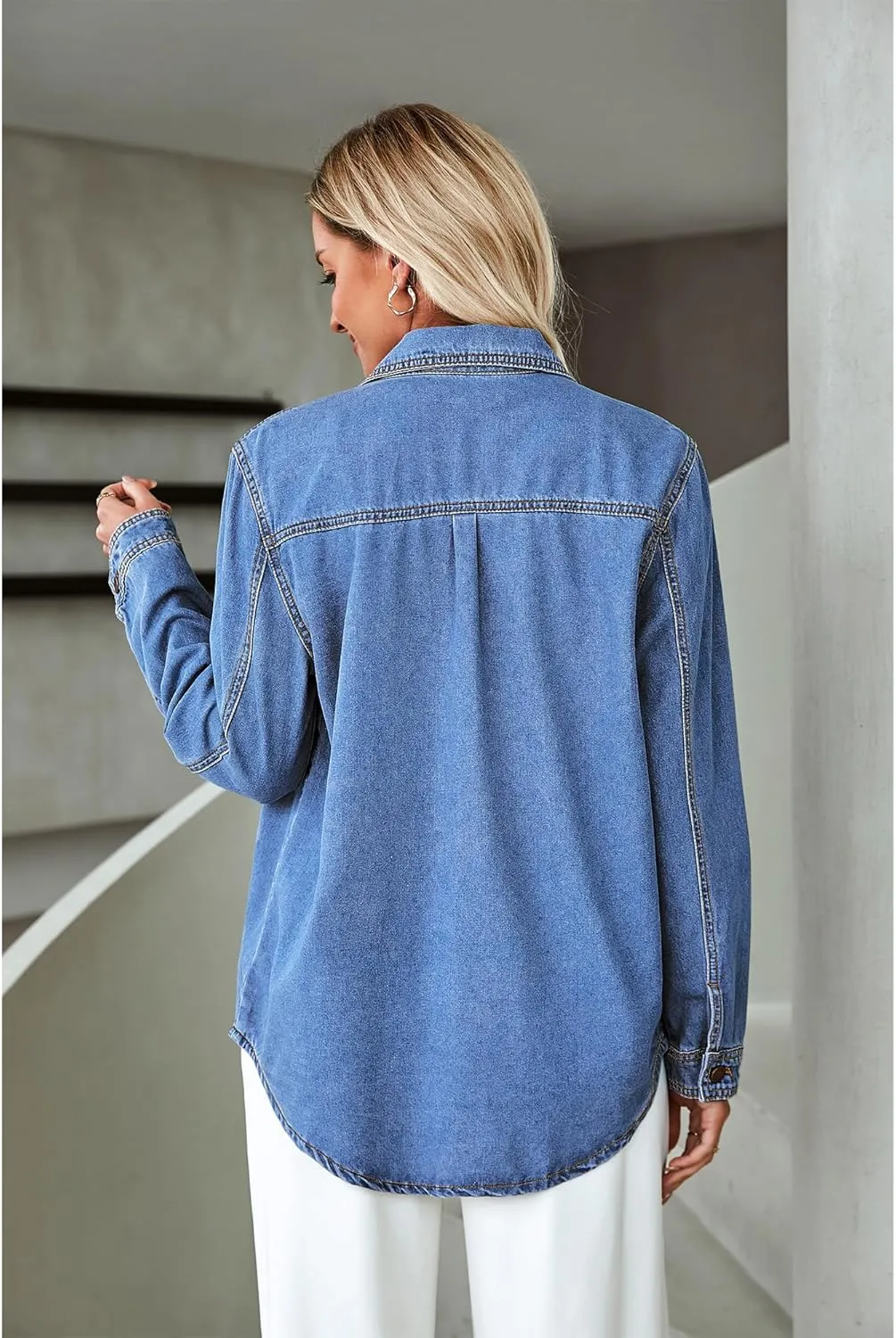 luvamia Denim Jackets for Women Trendy Long Sleeve Button Down Shirt Jacket Jean Shacket with Pocket Western Work Jacket