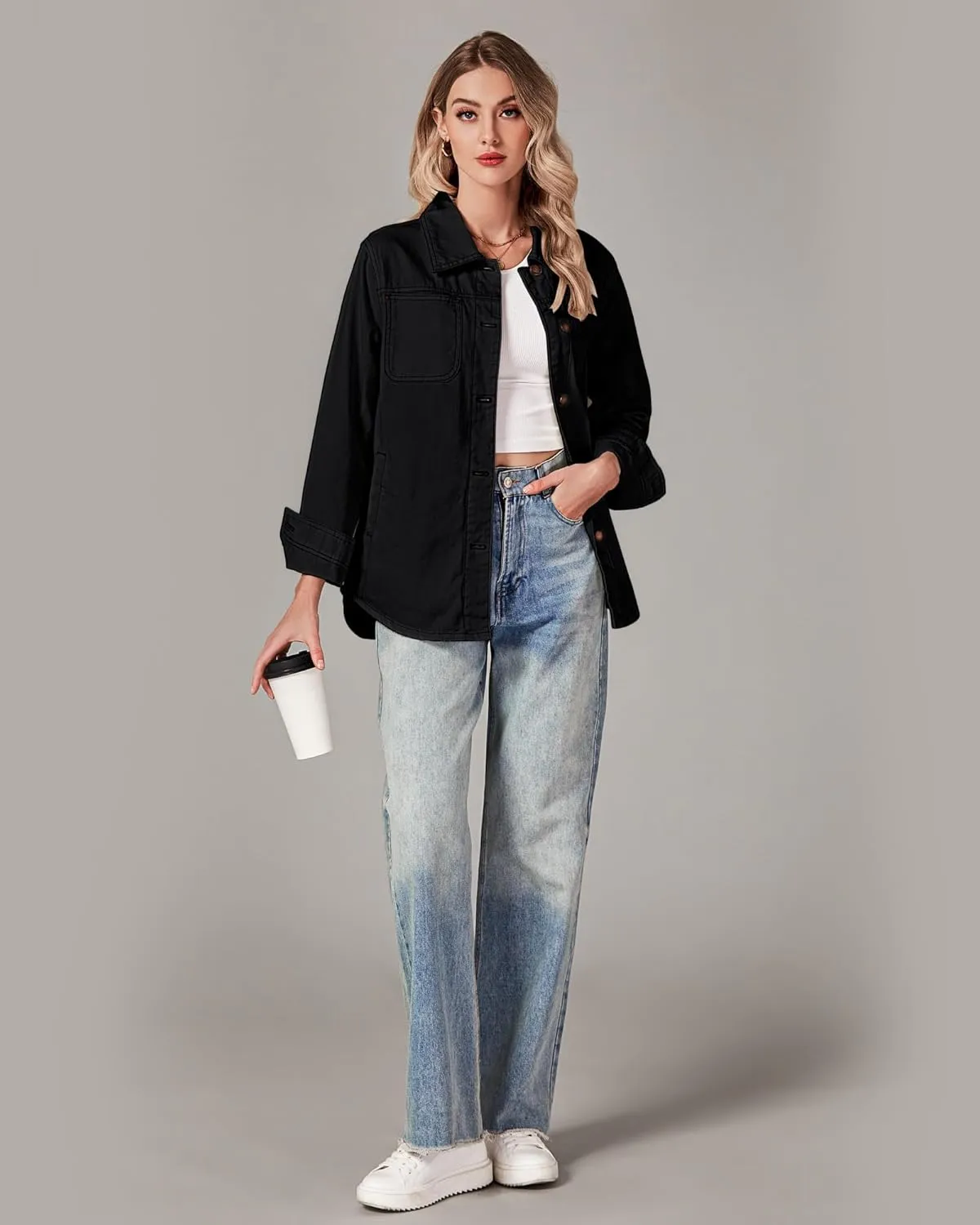 luvamia Denim Jackets for Women Trendy Long Sleeve Button Down Shirt Jacket Jean Shacket with Pocket Western Work Jacket