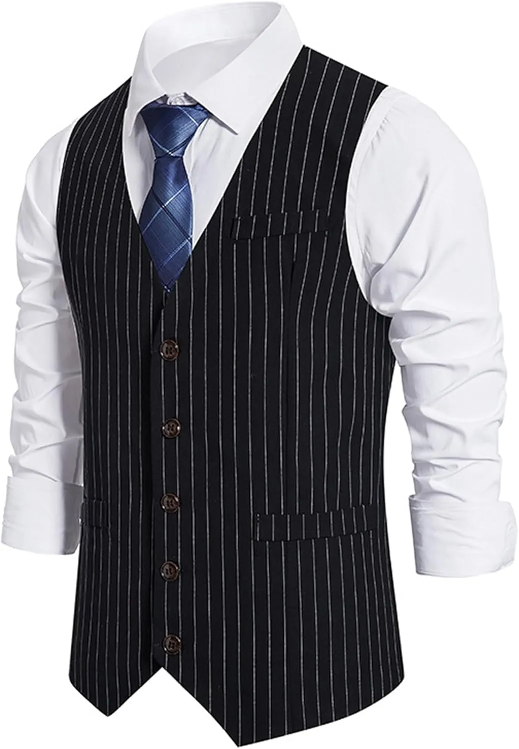 Maiyifu-GJ Men's Casual Pinstripe Dress Vests Formal Business Waistcoat Slim Fit Wedding Suit Vest for Suit or Tuxedo