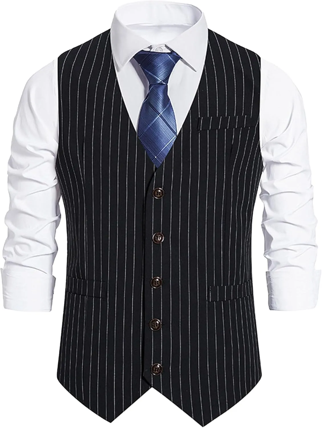 Maiyifu-GJ Men's Casual Pinstripe Dress Vests Formal Business Waistcoat Slim Fit Wedding Suit Vest for Suit or Tuxedo