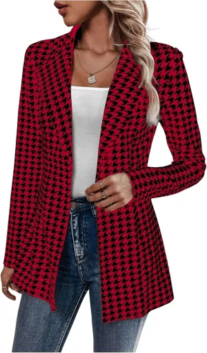 MakeMeChic Women's Houndstooth Blazer Jacket Button Down Long Sleeve Work Casual Blazer