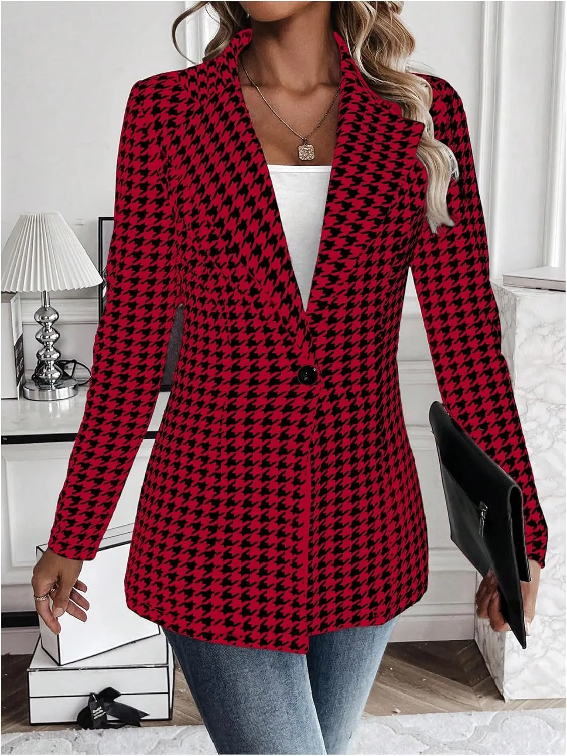 MakeMeChic Women's Houndstooth Blazer Jacket Button Down Long Sleeve Work Casual Blazer