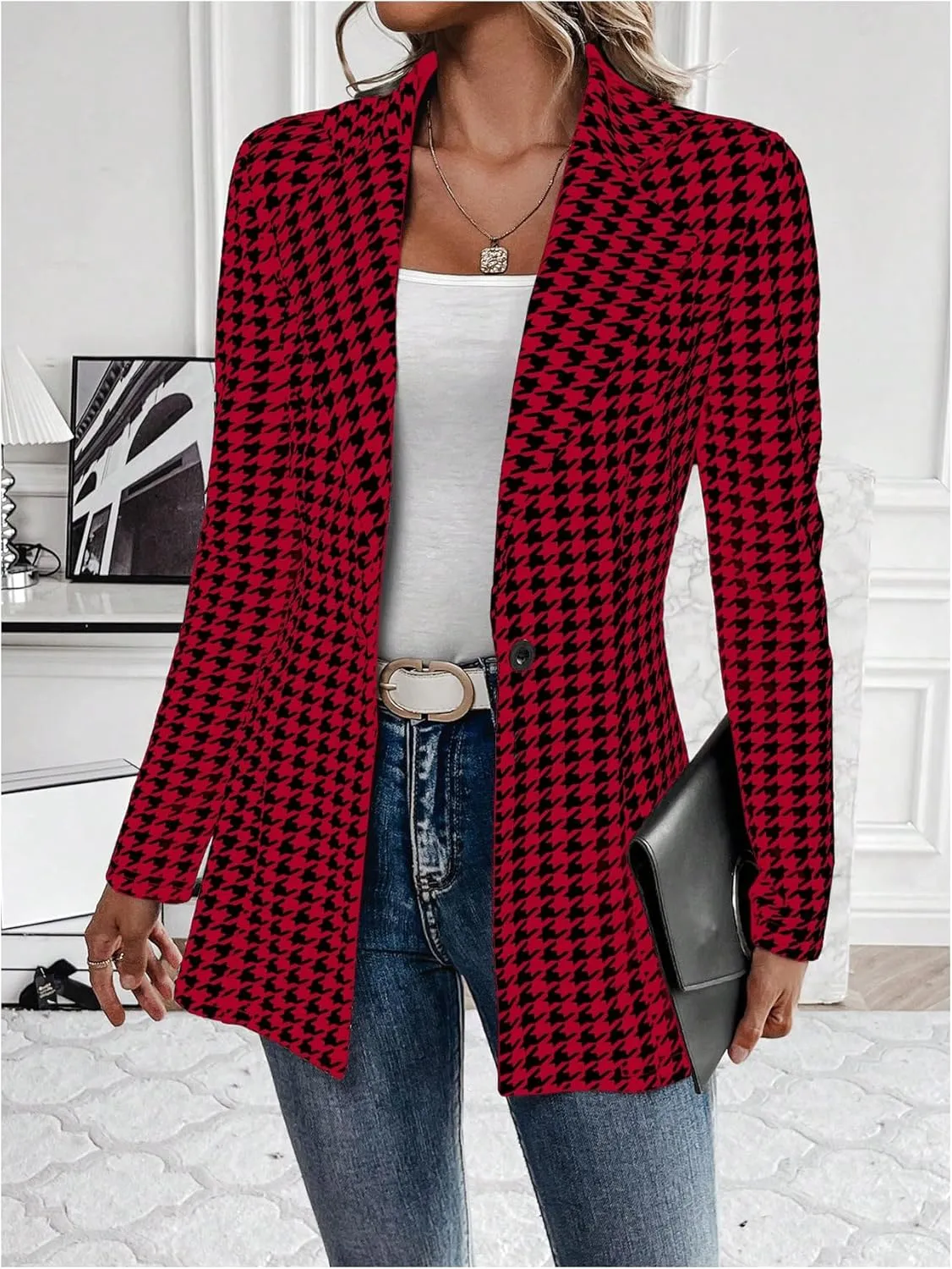 MakeMeChic Women's Houndstooth Blazer Jacket Button Down Long Sleeve Work Casual Blazer
