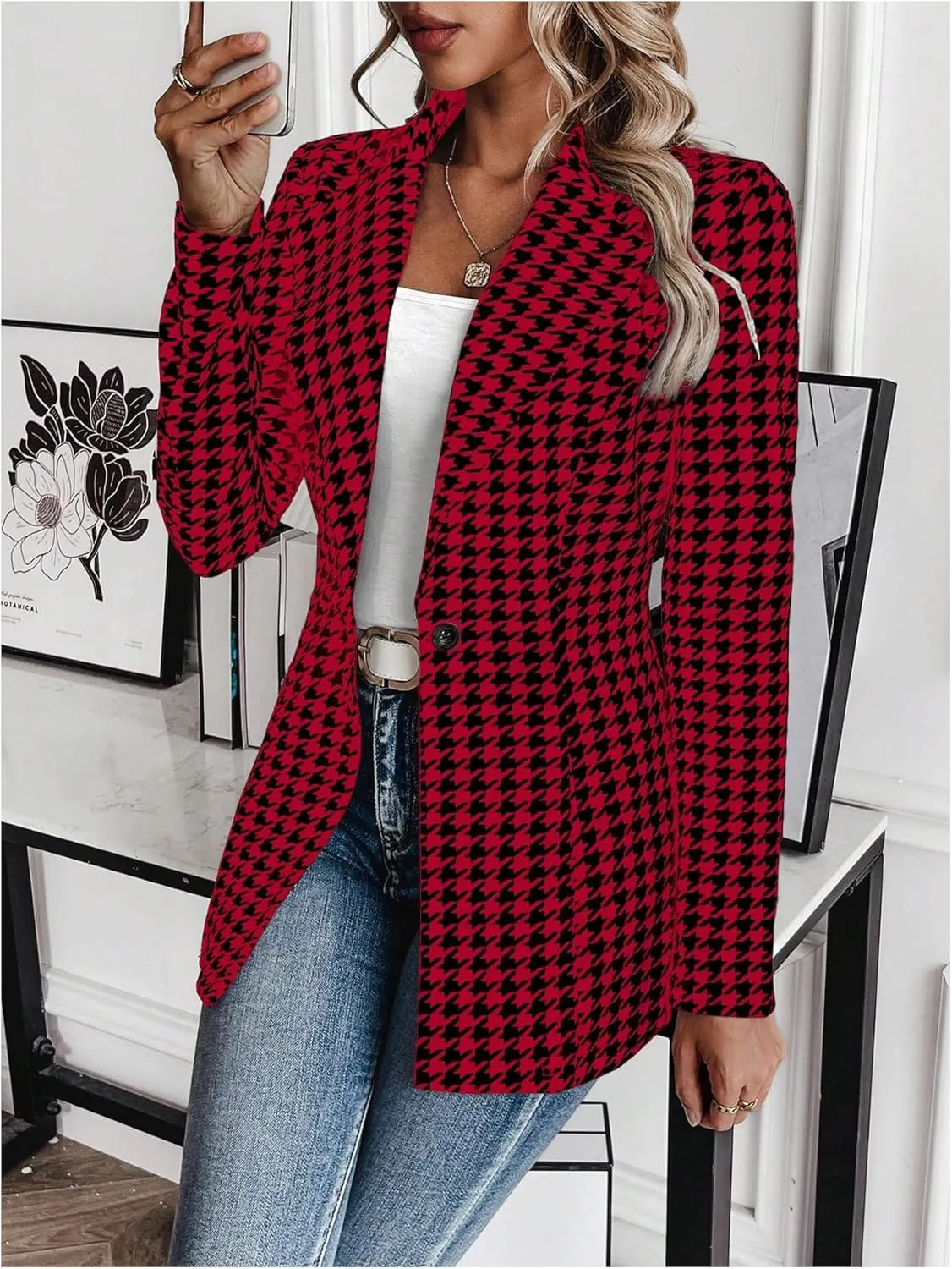 MakeMeChic Women's Houndstooth Blazer Jacket Button Down Long Sleeve Work Casual Blazer