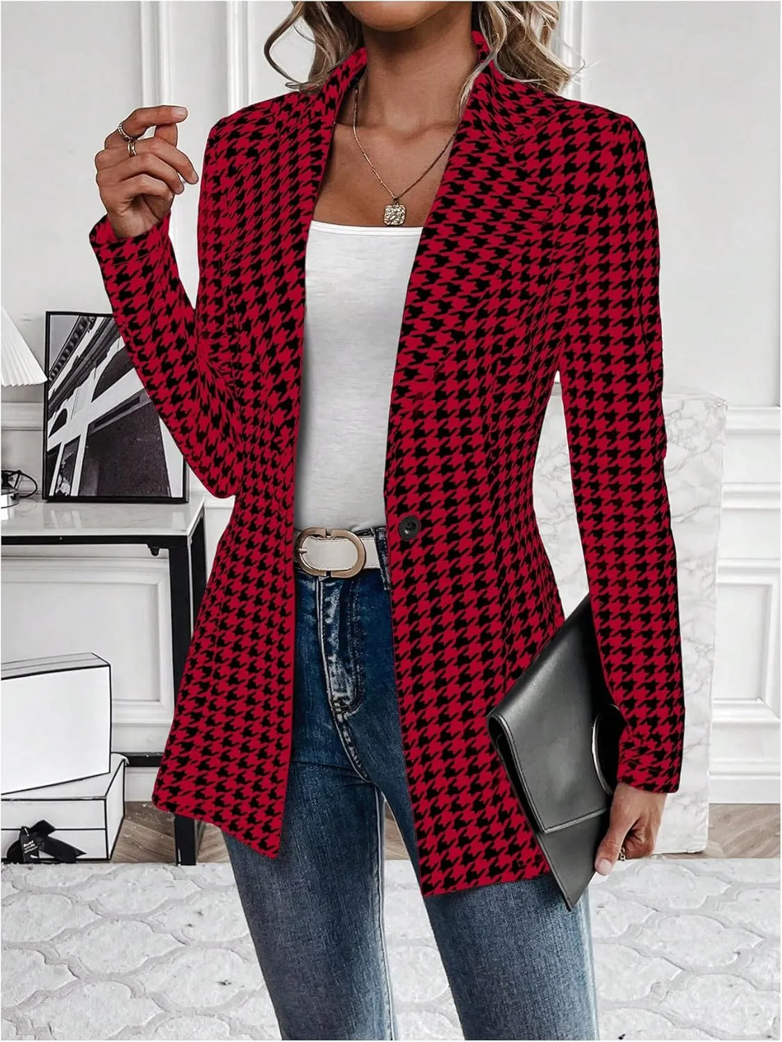MakeMeChic Women's Houndstooth Blazer Jacket Button Down Long Sleeve Work Casual Blazer