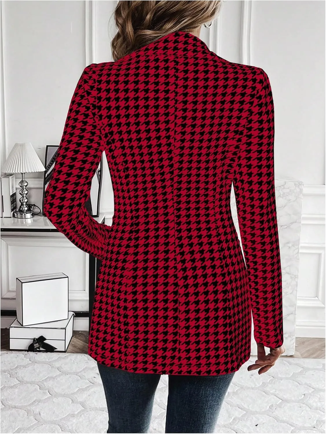MakeMeChic Women's Houndstooth Blazer Jacket Button Down Long Sleeve Work Casual Blazer