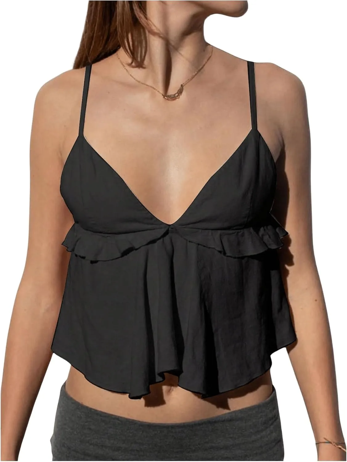 MakeMeChic Women's V Neck Camisole Top Spaghetti Strap Frill Trim Ruffle Hem Cami Crop Tops