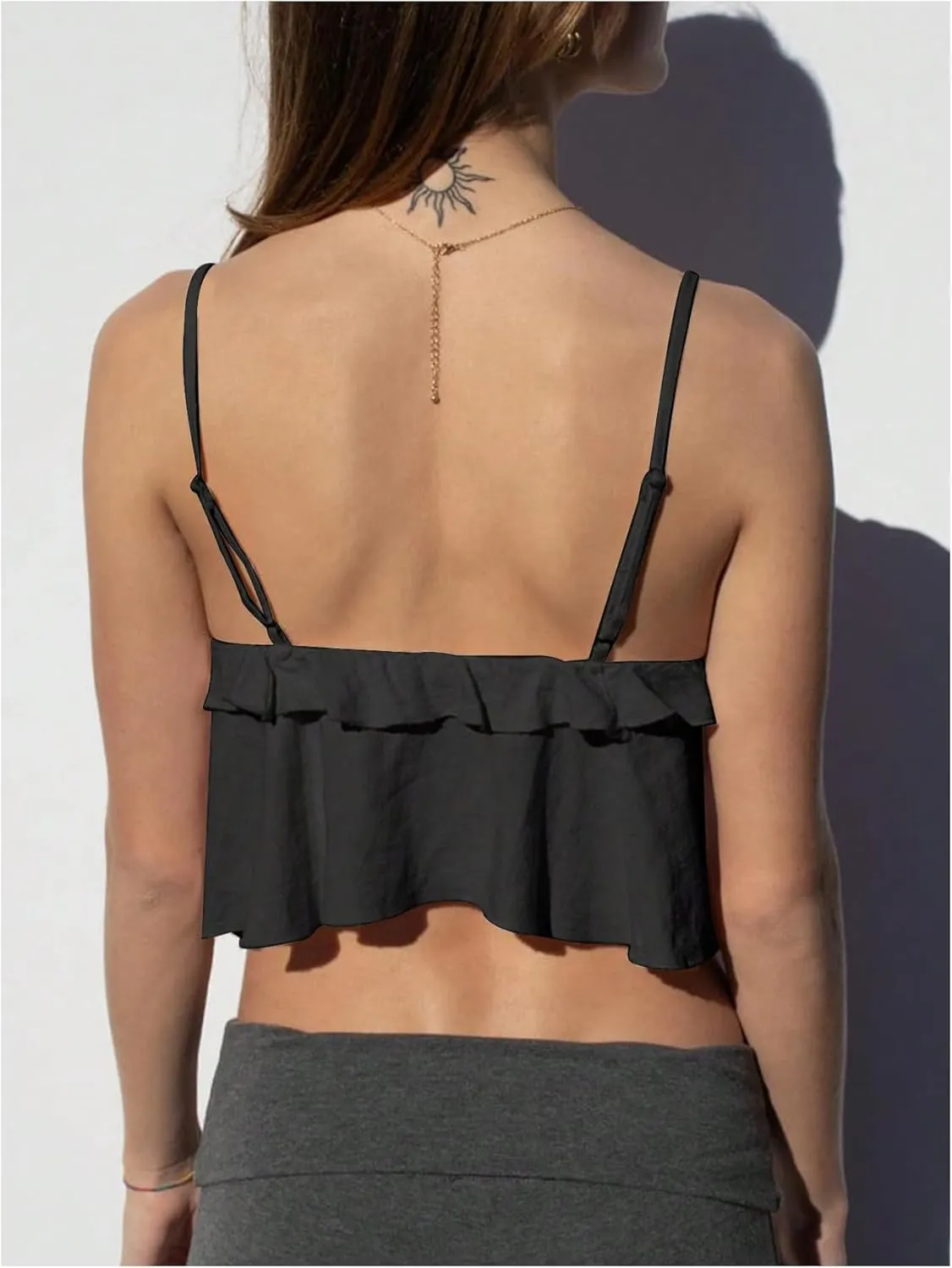 MakeMeChic Women's V Neck Camisole Top Spaghetti Strap Frill Trim Ruffle Hem Cami Crop Tops
