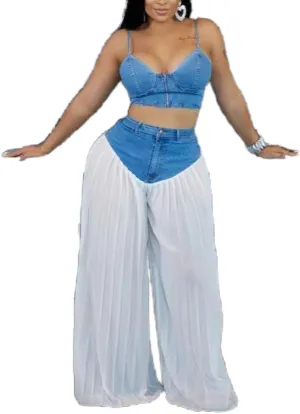 Mandonce Vest and Pants Set Women V Neck Zipper Crop Camisole Tops and High Waist Chiffon Pleated Montage Denim Going Out