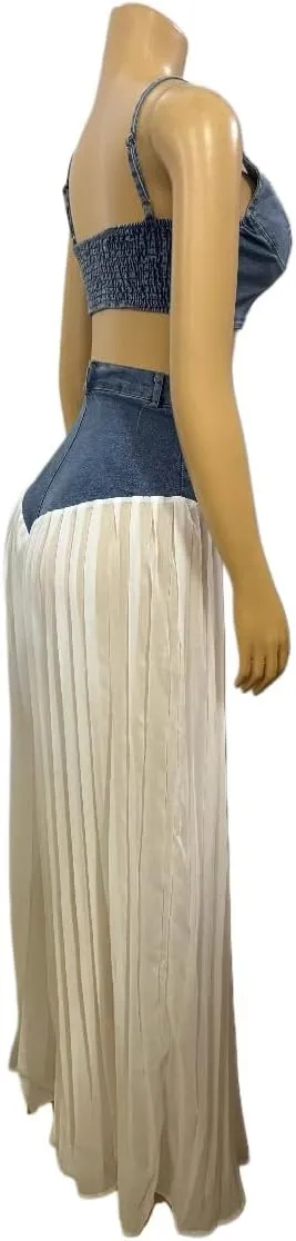 Mandonce Vest and Pants Set Women V Neck Zipper Crop Camisole Tops and High Waist Chiffon Pleated Montage Denim Going Out