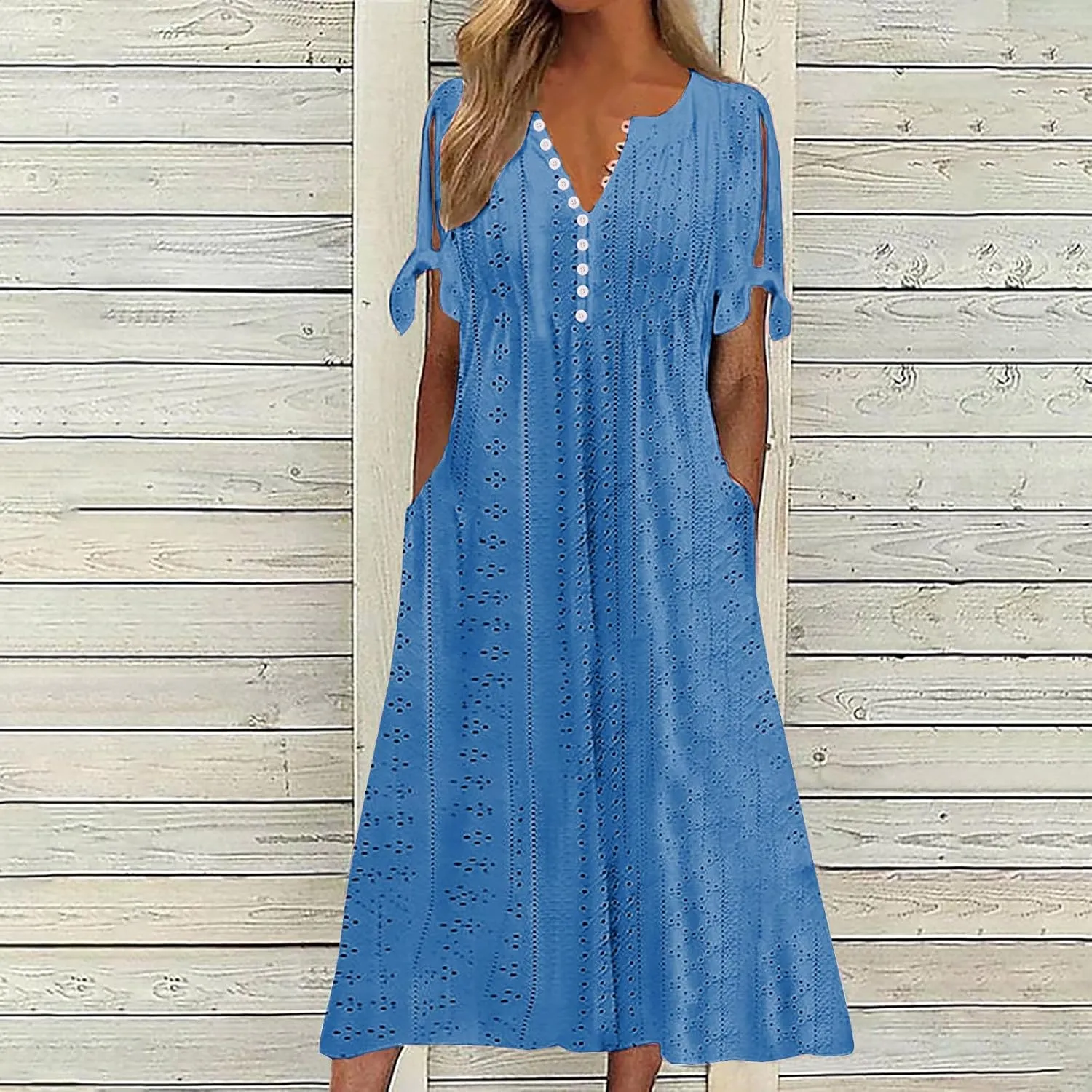 Maxi Dresses for Womens Wedding Guest Dress Trendy Plus Size Hollow Out Eyelet Lace Summer V Neck Cold Shoulder Dress