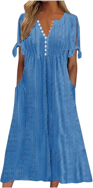 Maxi Dresses for Womens Wedding Guest Dress Trendy Plus Size Hollow Out Eyelet Lace Summer V Neck Cold Shoulder Dress