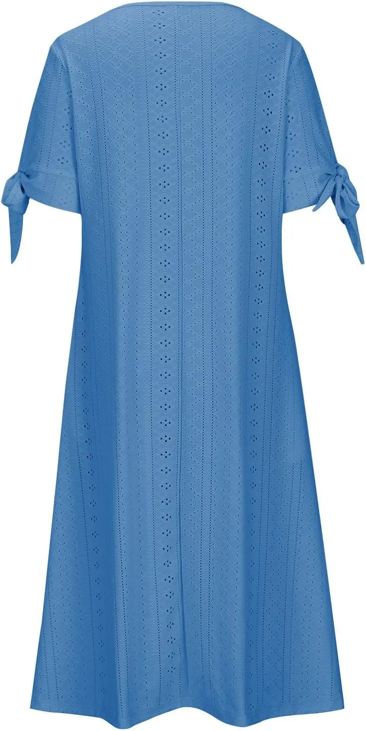 Maxi Dresses for Womens Wedding Guest Dress Trendy Plus Size Hollow Out Eyelet Lace Summer V Neck Cold Shoulder Dress