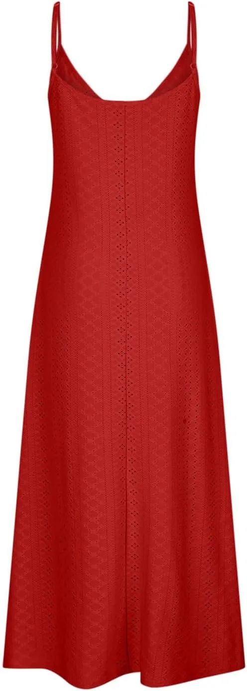 Maxi Long Dresses for Women 2025 Trendy Sleeveless Eyelet Cami Dress Casual Summer Beach Swing Vacation Sundress