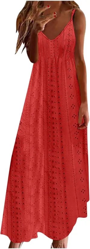 Maxi Long Dresses for Women 2025 Trendy Sleeveless Eyelet Cami Dress Casual Summer Beach Swing Vacation Sundress
