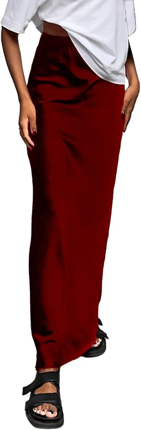 Maxi Skirts for Women Satin Bodycon Pencil Skirt Tummy Control High Waisted Long Skirts Trendy Casual Skirt for Party Club