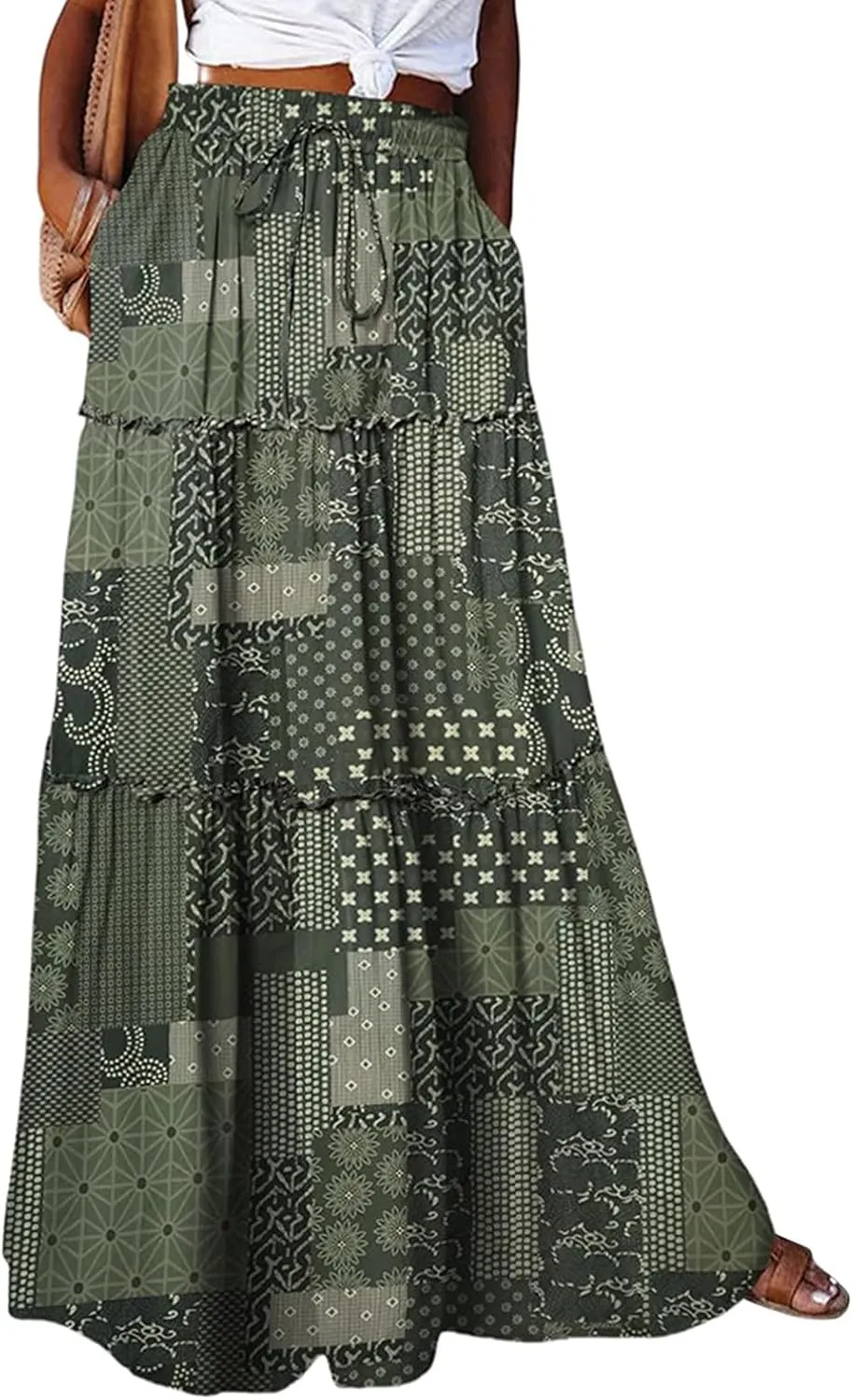 Maxi Skirts for Women Summer Floral Pleated Tiered Boho Flowy Elastic Waist Aline Spring Beach Vacation Long Skirt