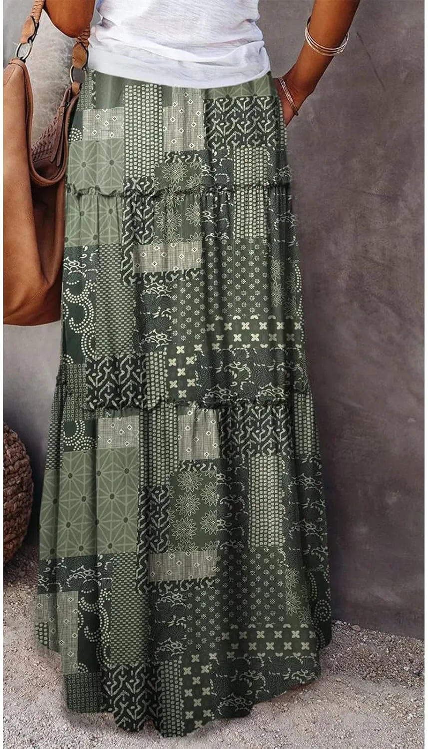 Maxi Skirts for Women Summer Floral Pleated Tiered Boho Flowy Elastic Waist Aline Spring Beach Vacation Long Skirt