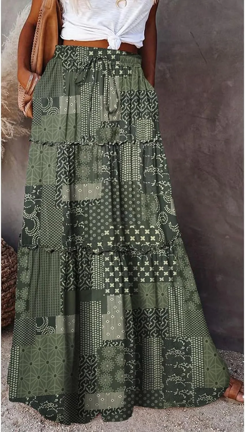 Maxi Skirts for Women Summer Floral Pleated Tiered Boho Flowy Elastic Waist Aline Spring Beach Vacation Long Skirt
